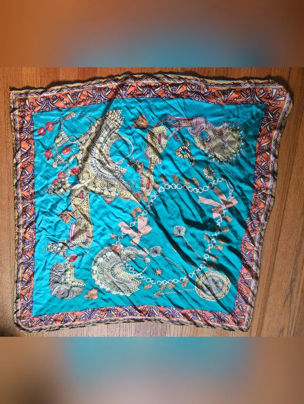 Turquoise & Orange Printed Silk‎ Scarf